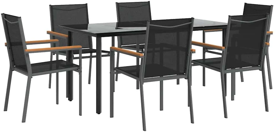 Lauko baldų komplektas Sodo valgomojo komplektas, 7 dalių, juodas, tekstilenas/plienas