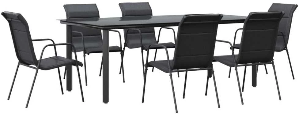 Lauko baldų komplektas Sodo valgomojo komplektas, 7 dalių, juodas, plienas/tekstilenas