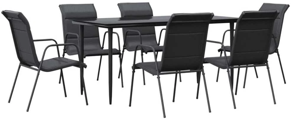 Lauko baldų komplektas Sodo valgomojo komplektas, 7 dalių, juodas, plienas/tekstilenas