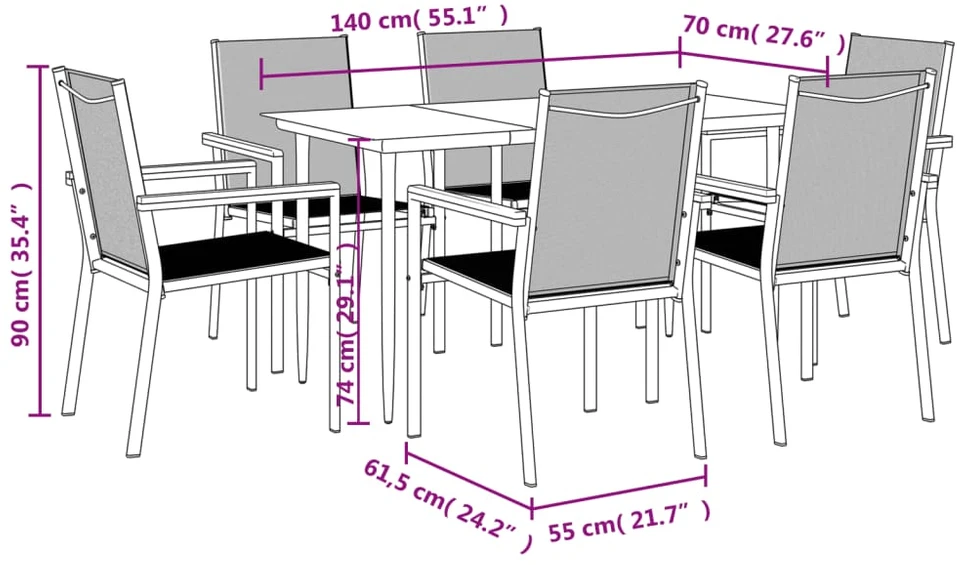 Lauko baldų komplektas Sodo valgomojo komplektas, 7 dalių, juodas, tekstilenas/plienas