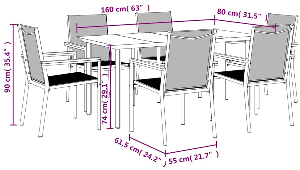 Lauko baldų komplektas Sodo valgomojo komplektas, 7 dalių, juodas, tekstilenas/plienas