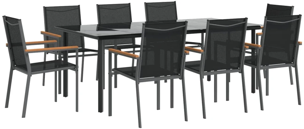 Lauko baldų komplektas Sodo valgomojo komplektas, 9 dalių, juodas, tekstilenas/plienas