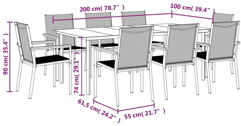 Lauko baldų komplektas Sodo valgomojo komplektas, 9 dalių, juodas, tekstilenas/plienas
