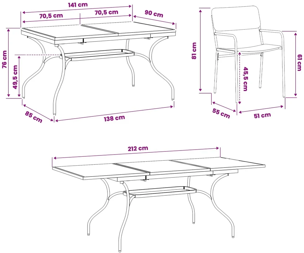 Sodo valgomojo komplektas 9 vnt. Antracito 212 x 90 x 76 cm
