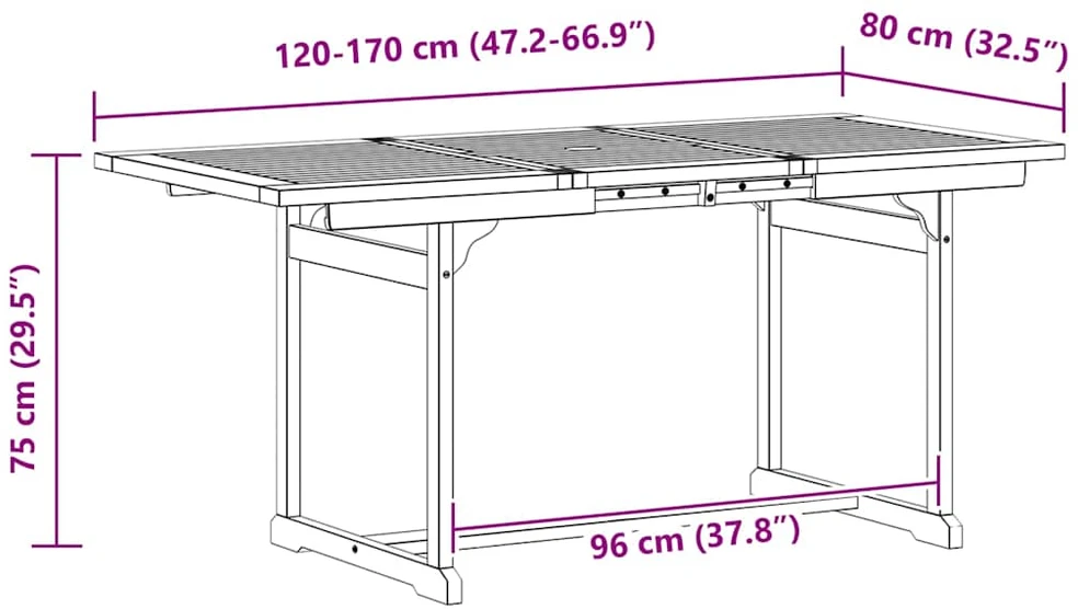 Sodo valgomojo stalas, (120–170)x80x75cm, akacijos masyvas