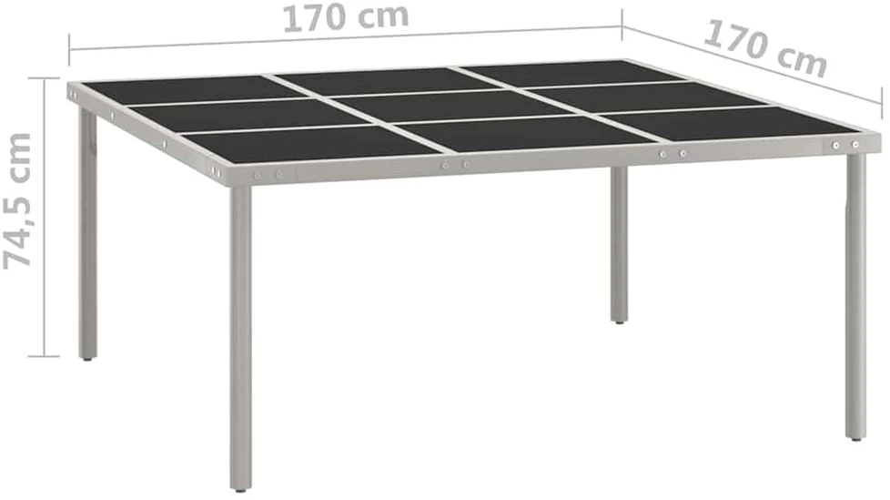 Sodo valgomojo stalas, 170x170x74,5cm, stiklas ir plienas