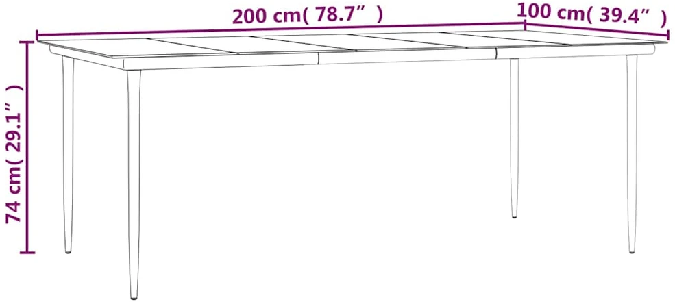 Sodo valgomojo stalas, juodas, 200x100x74cm, plienas ir grūdintas stiklas