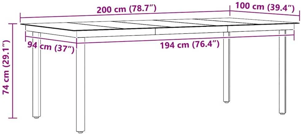 Sodo valgomojo stalas, juodas, 200x100x74cm, plienas ir stiklas
