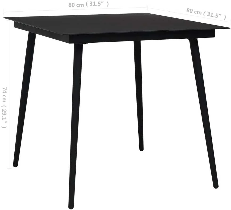 Sodo valgomojo stalas, juodas, 80x80x74cm, plienas ir stiklas
