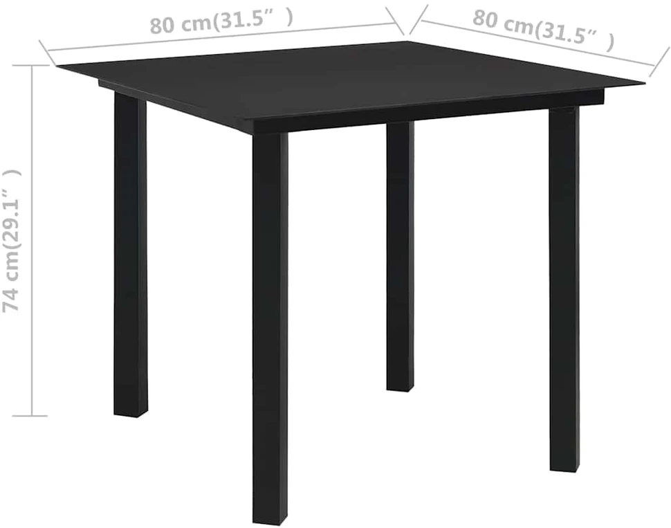 Sodo valgomojo stalas, juodas, 80x80x74cm, plienas ir stiklas