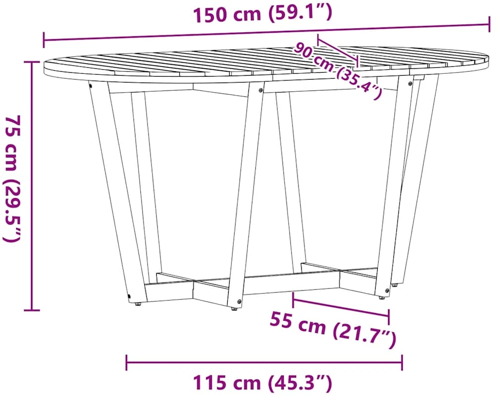 Sodo valgomojo stalas, ovalus, 150x90x75 cm, akacijos masyvas