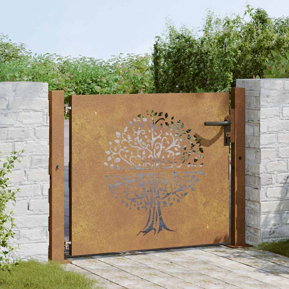 Sodo vartai, 105x105cm, corten plienas, medžio dizaino