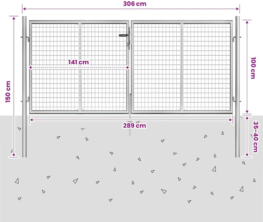 Sodo vartai, sidabrinės sp., 306x150cm, galvanizuotas plienas