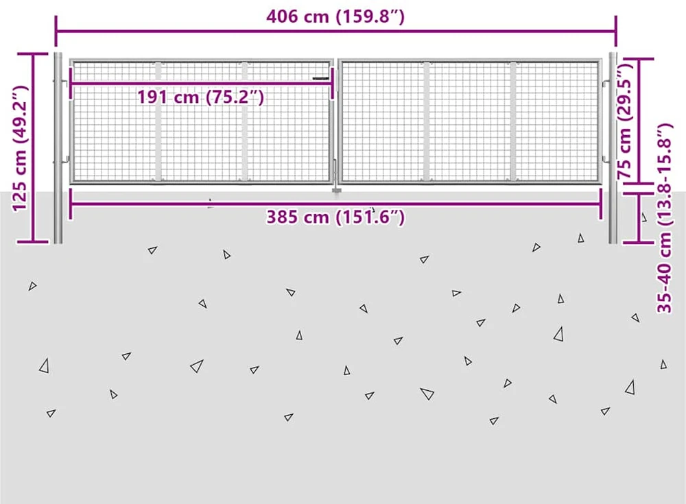 Sodo vartai, sidabrinės sp., 415x125cm, galvanizuotas plienas