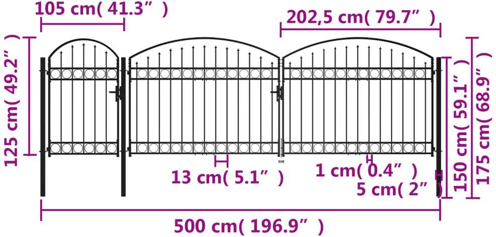 Sodo vartai su arkiniu viršumi, juodi, 1,75x5m, plienas