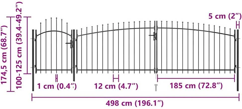 Sodo vartai su iečių viršugaliais, juodos spalvos, 5x1,75m
