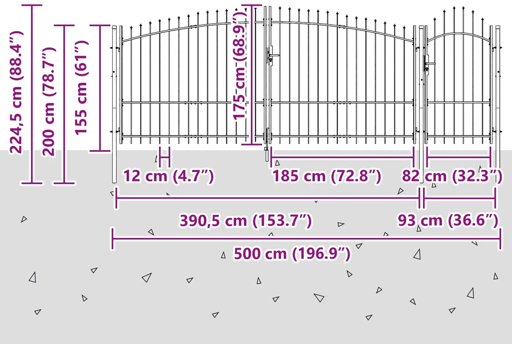Sodo vartai WOERDEN 125 x 500 cm Plienas Pilka Užrakintas