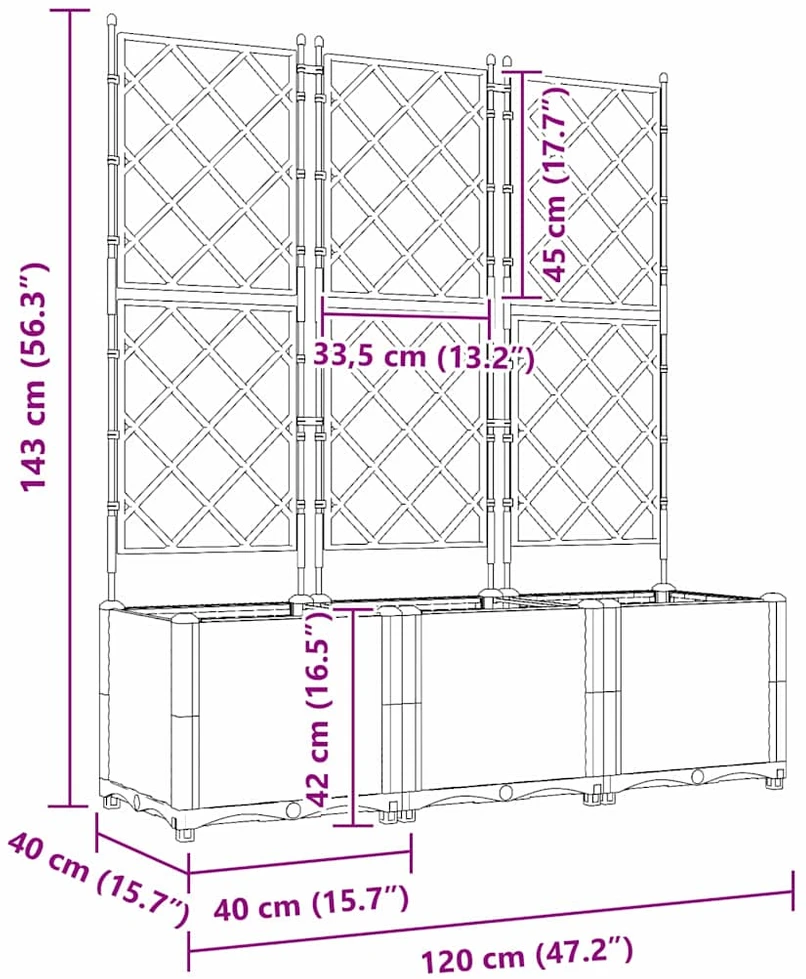 Sodo vazonas 3 vnt. Šviesiai pilka 120 x 40 x 143 cm PP