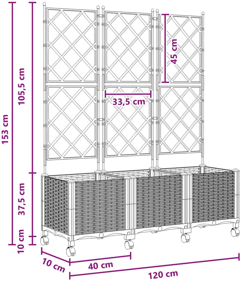 Sodo vazonas su treliu ir ratais 3 vnt. Juoda 120 x 40 x 149 cm