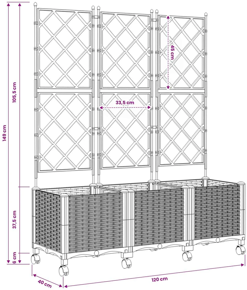 Sodo vazonas su treliu ir ratais 3 vnt. Ruda 120 x 40 x 149 cm