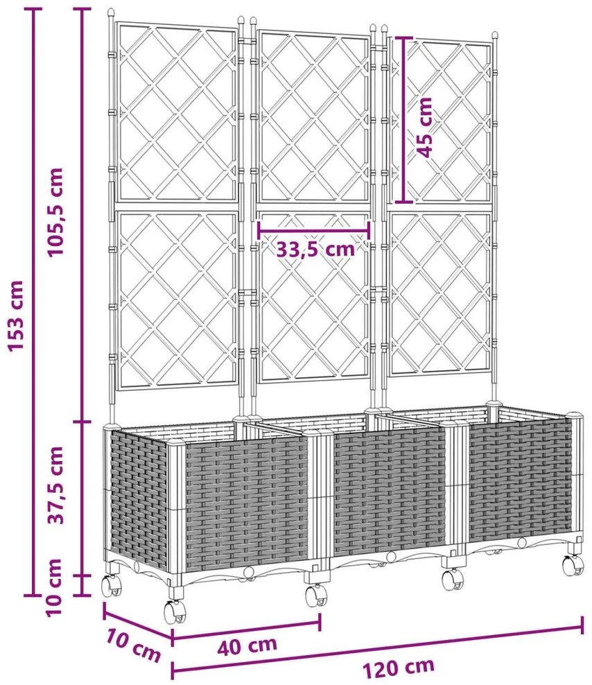 Sodo vazonas su treliu ir ratais 3 vnt. Balta 120 x 40 x 149 cm