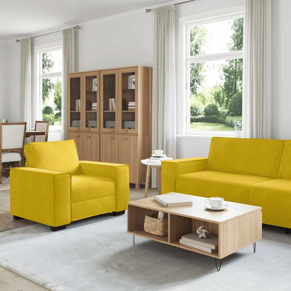 Lauko baldų komplektas 3 dalių sofos komplektas su pagalvėlėmis, geltonas aksomas