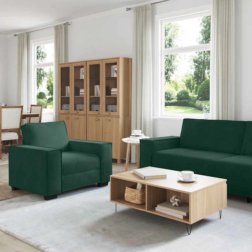 Sofa 3 dalių sofos komplektas su pagalvėlėmis, tamsiai žalias, aksomas