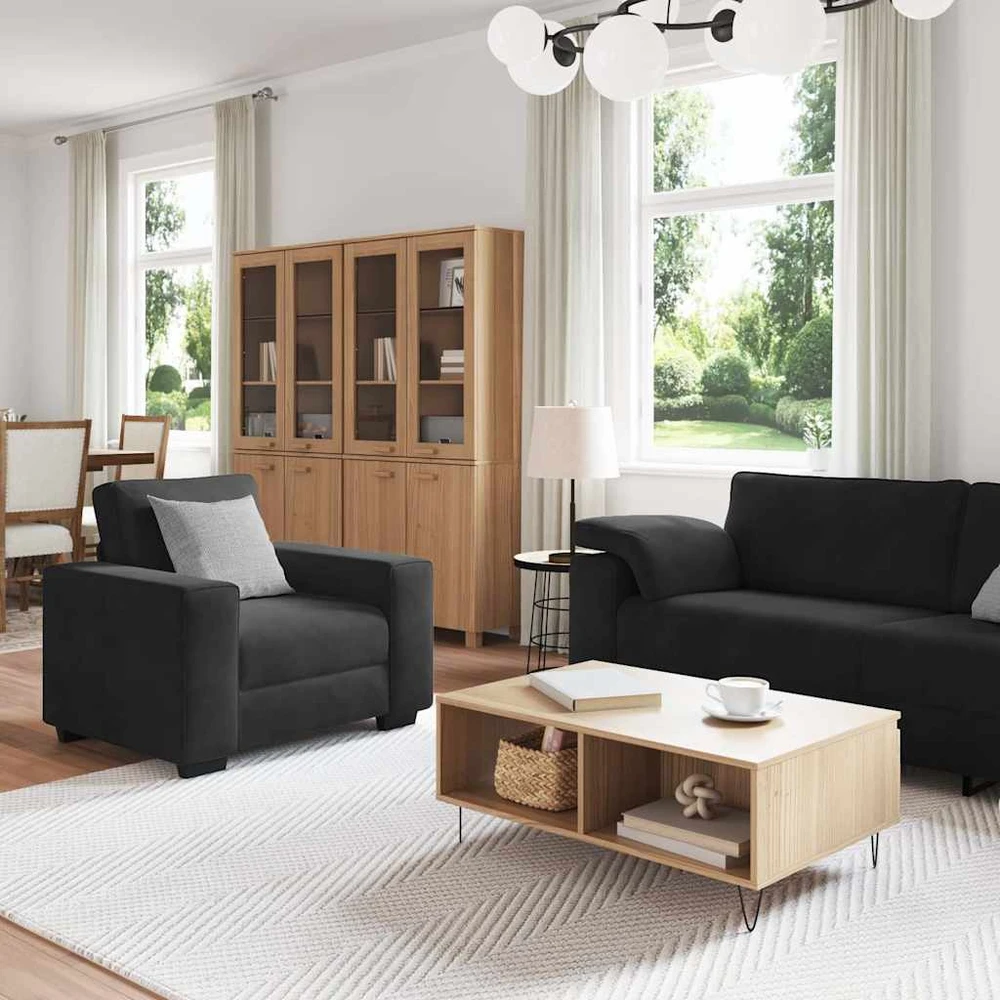 Sofa 3 dalių sofos komplektas su pagalvėlėmis, juodas aksomas