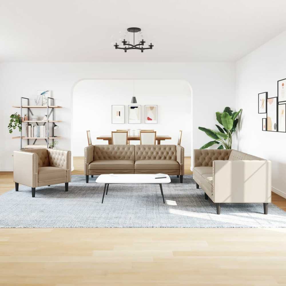 Sofa Chesterfield sofų komplektas, 3 dalių, kapučino, dirbtinė oda