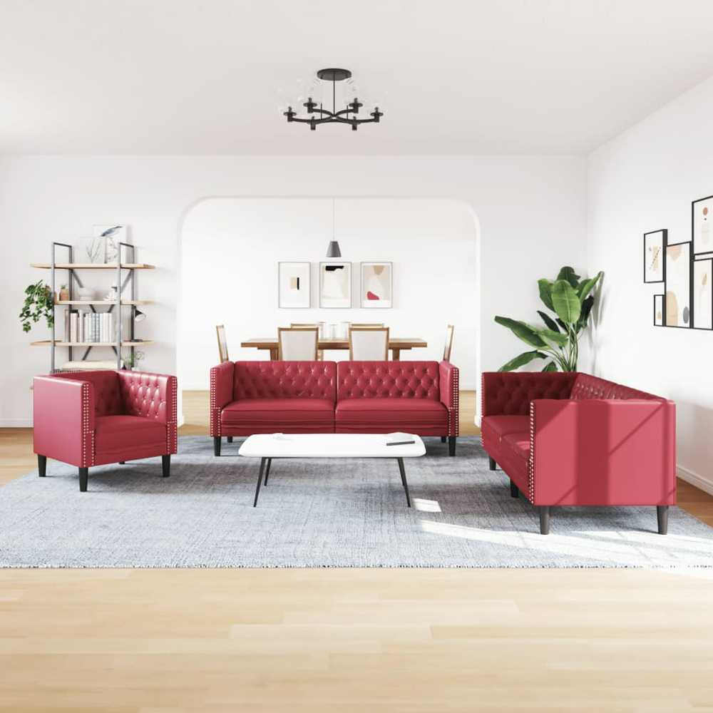 Sofa Chesterfield sofų komplektas, 3 dalių, raudonojo vyno spalvos