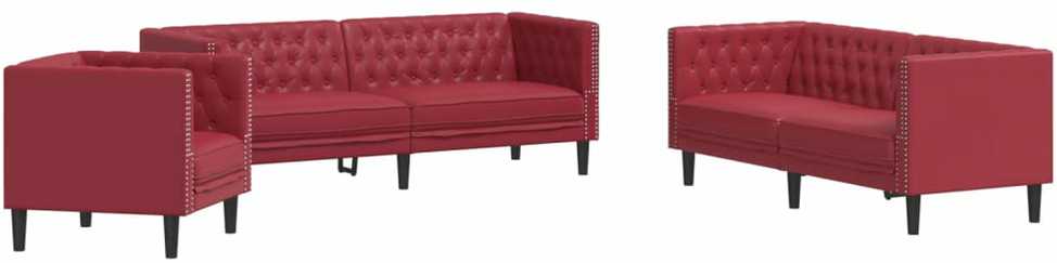 Sofa Chesterfield sofų komplektas, 3 dalių, raudonojo vyno spalvos