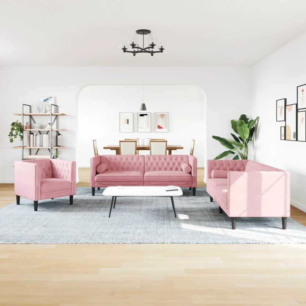 Sofa Chesterfield sofų komplektas su pagalvėlėmis, 3 dalių, rožinis