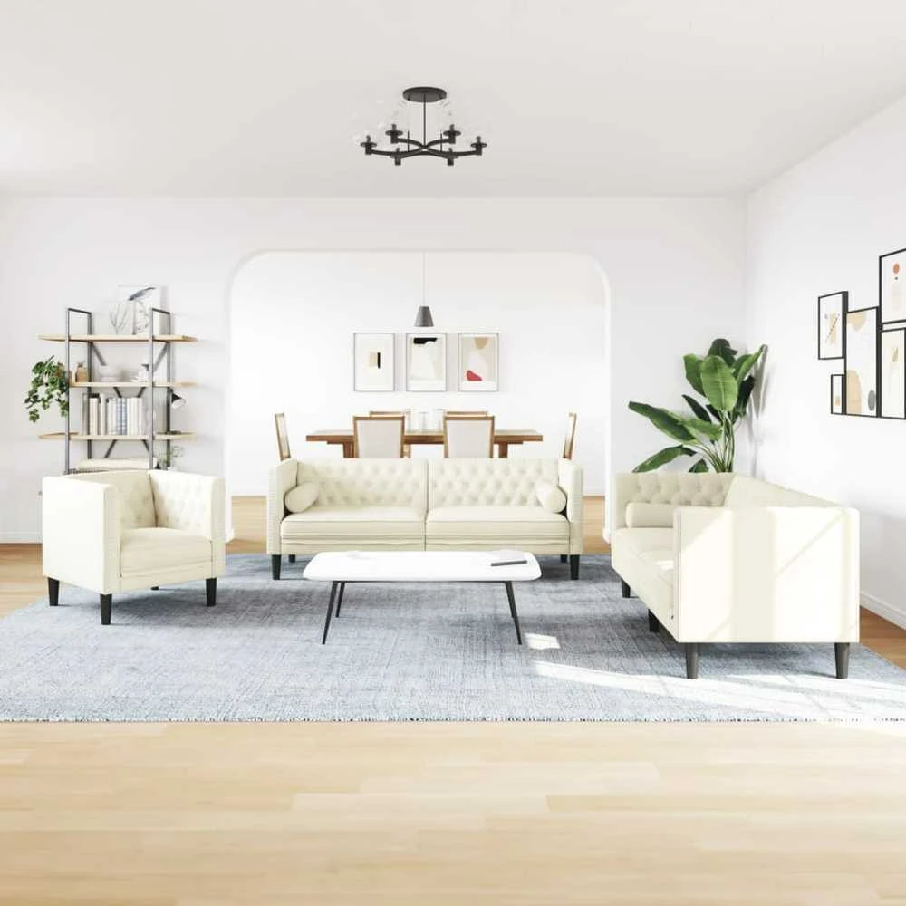 Sofa Chesterfield sofų komplektas su pagalvėlėmis, 3 dalių, kreminė
