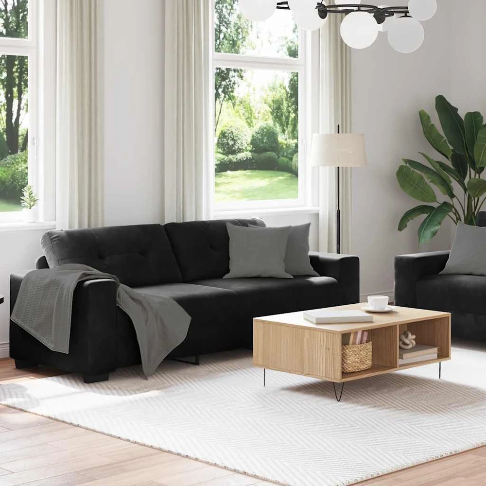 Sofa Dviejų dalių sofos komplektas su pagalvėlėmis, juodas aksomas
