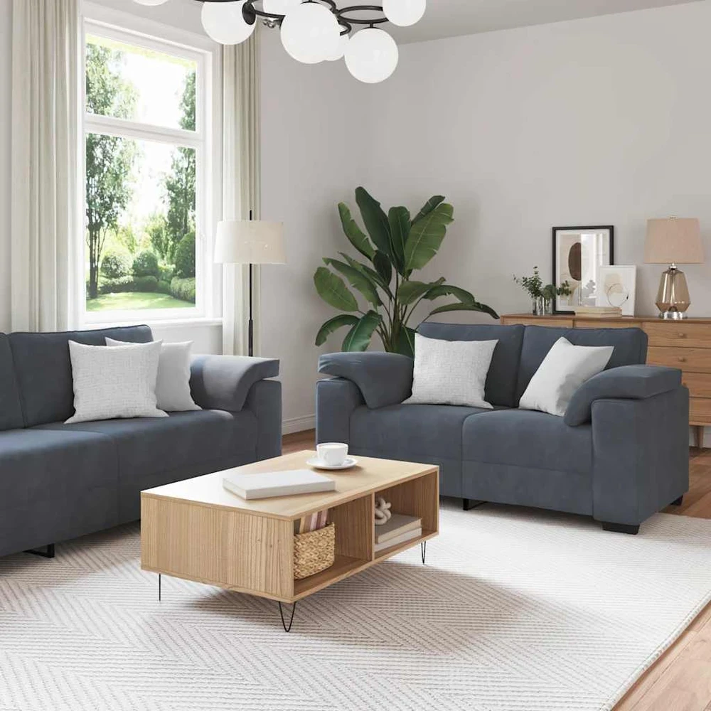 Sofa Dviejų dalių sofos komplektas su pagalvėlėmis, tamsiai pilkas, aksomas