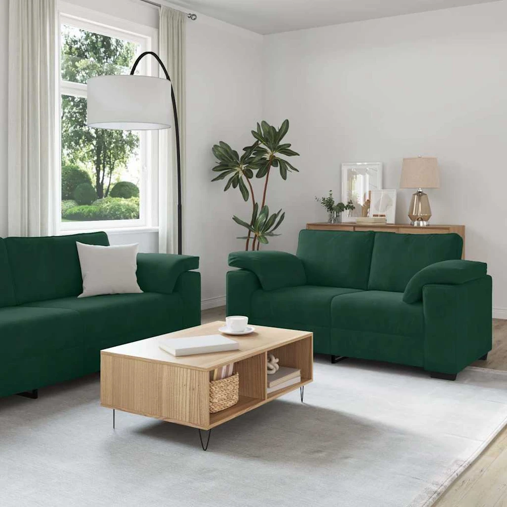 Sofa Dviejų dalių sofos komplektas su pagalvėlėmis, tamsiai žalias, aksomas