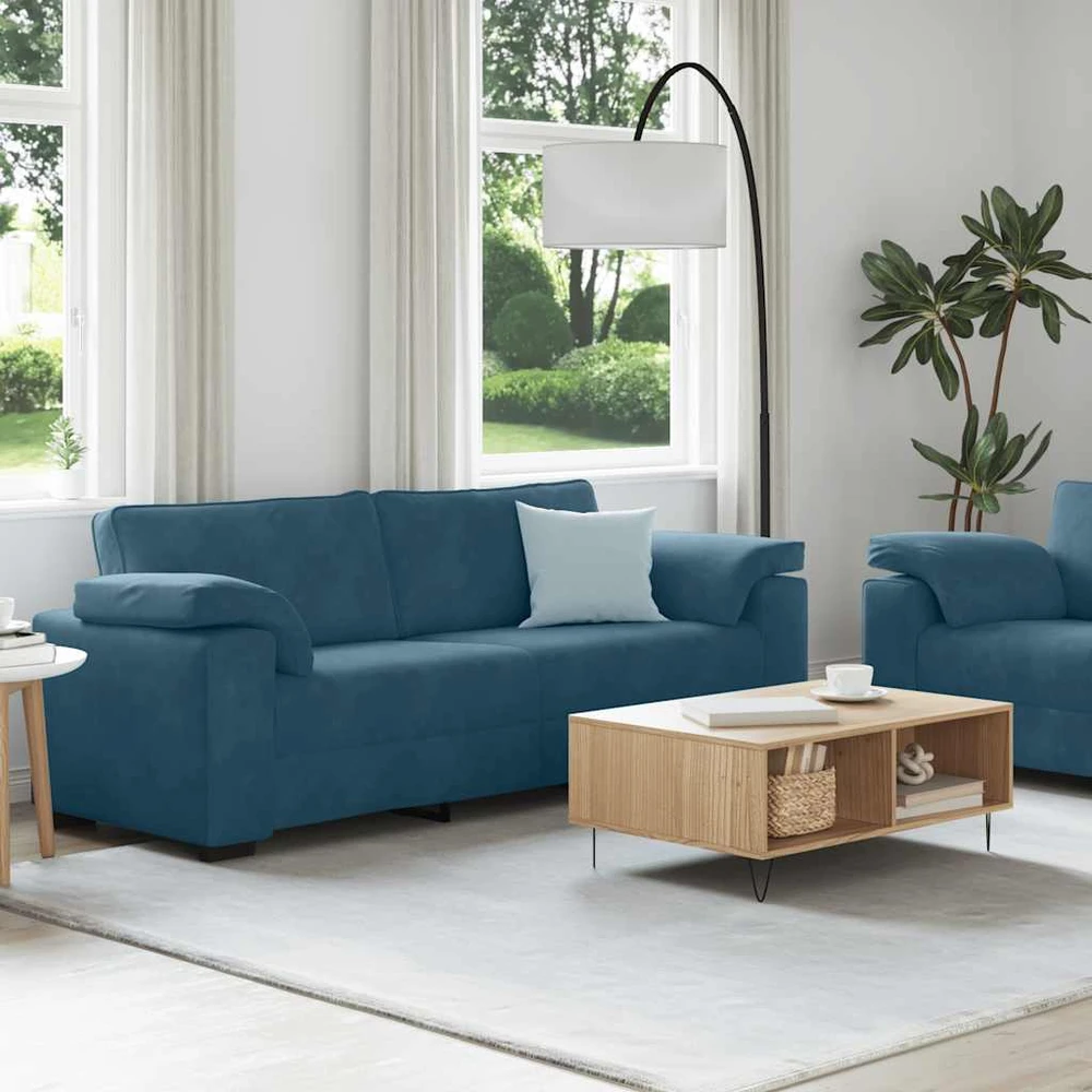 Sofa Dviejų dalių sofos komplektas su pagalvėlėmis, mėlynas aksomas