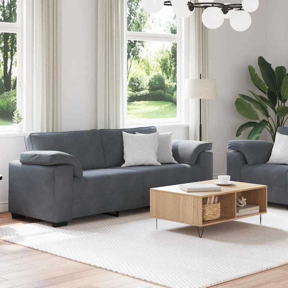 Sofa Dviejų dalių sofos komplektas su pagalvėlėmis, tamsiai pilkas, aksomas
