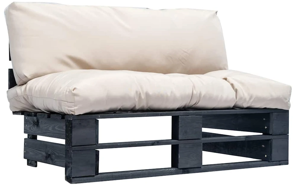 Sofa iš palečių su smėlio spalvos pagalvėlėmis, pušies mediena