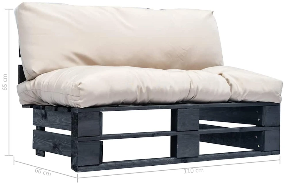 Sofa iš palečių su smėlio spalvos pagalvėlėmis, pušies mediena