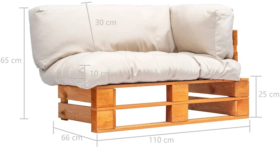 Sofa iš palečių su smėlio spalvos pagalvėlėmis, pušies mediena