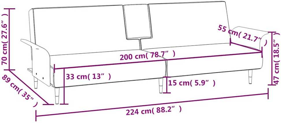 Sofa-lova su puodelių laikikliais, šviesiai pilka, aksomas