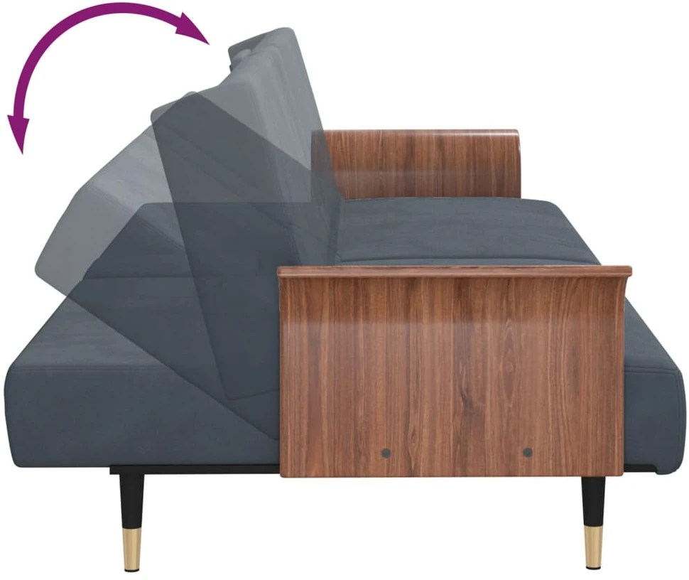 Sofa-lova su puodelių laikikliais, tamsiai pilka, aksomas