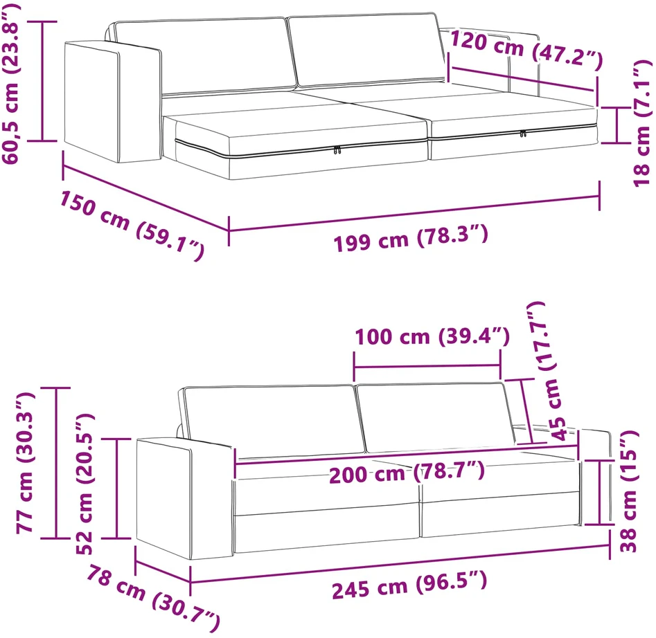 Sofa lova Tamsiai pilka 245 x 78 x 77 cm audinys