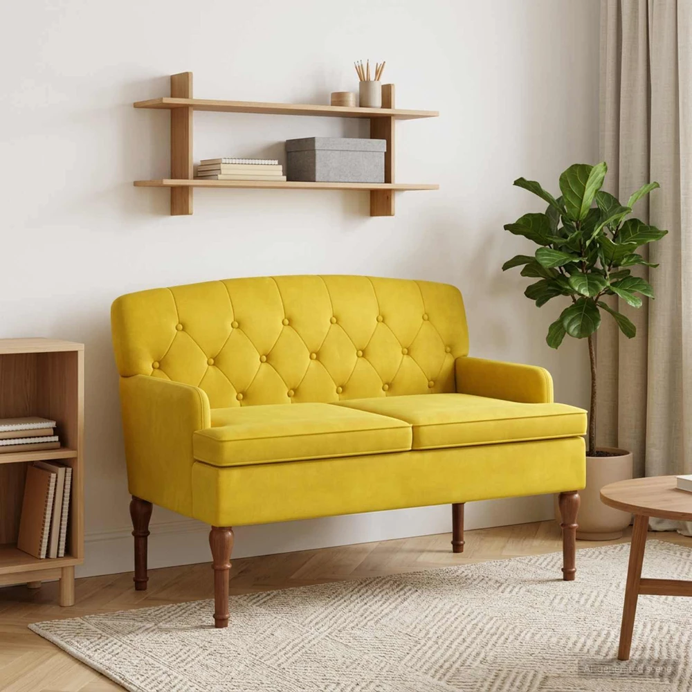 Sofa Minkštas kampas su mygtukų apmušalais Šviesi geltona