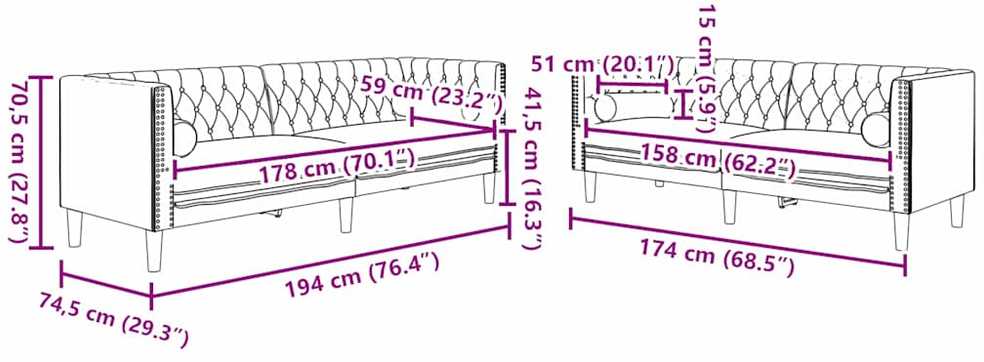 Svetainės sofa 2 vnt. Juoda Aksomas