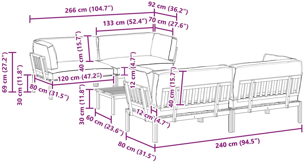 Sofa Sofos komplektas 5 vnt. Antracitas Kietos akacijos mediena