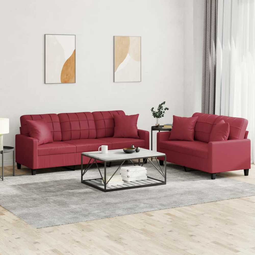 Sofa Sofos komplektas su pagalvėmis, 2 dalių, vyno, dirbtinė oda