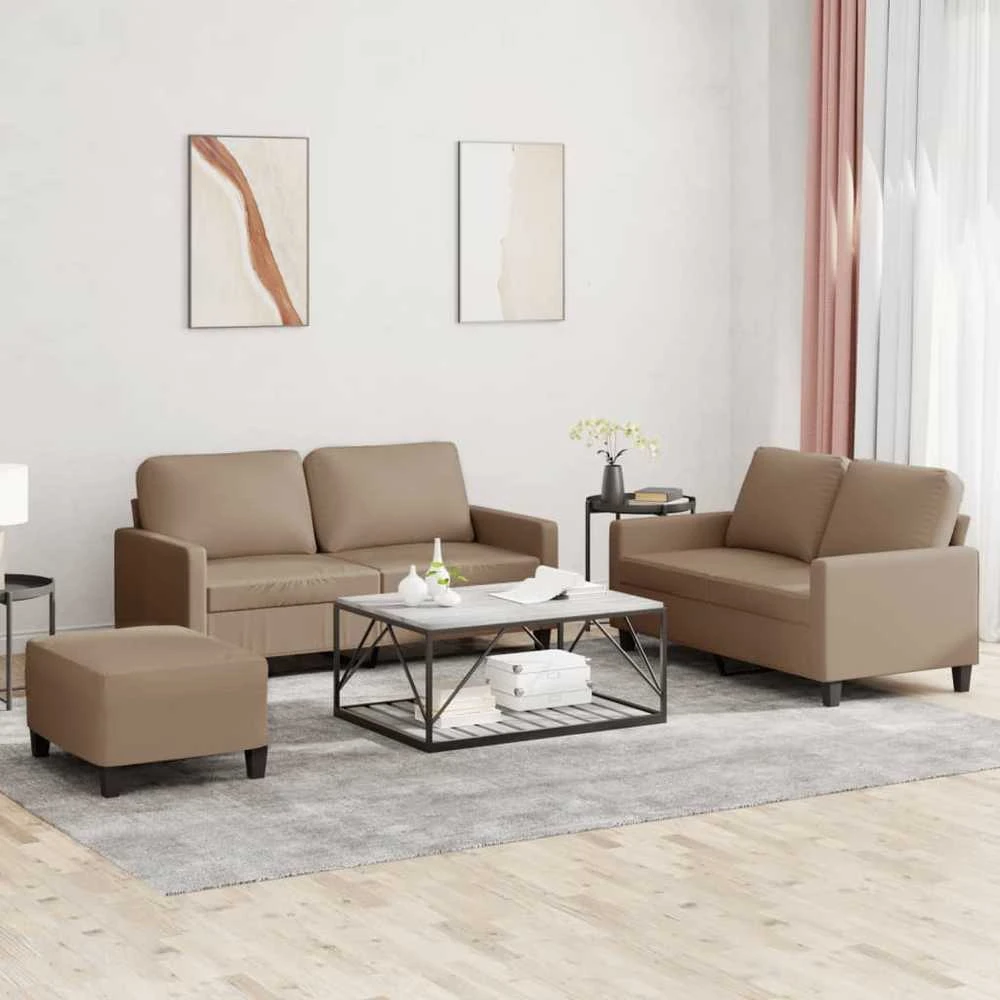 Sofa Sofos komplektas su pagalvėmis, 3 dalių, kapučino, dirbtinė oda