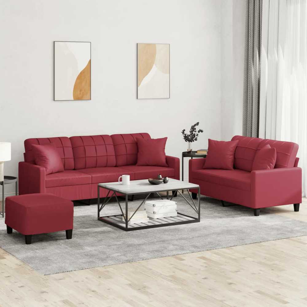 Sofa Sofos komplektas su pagalvėmis, 3 dalių, vyno, dirbtinė oda